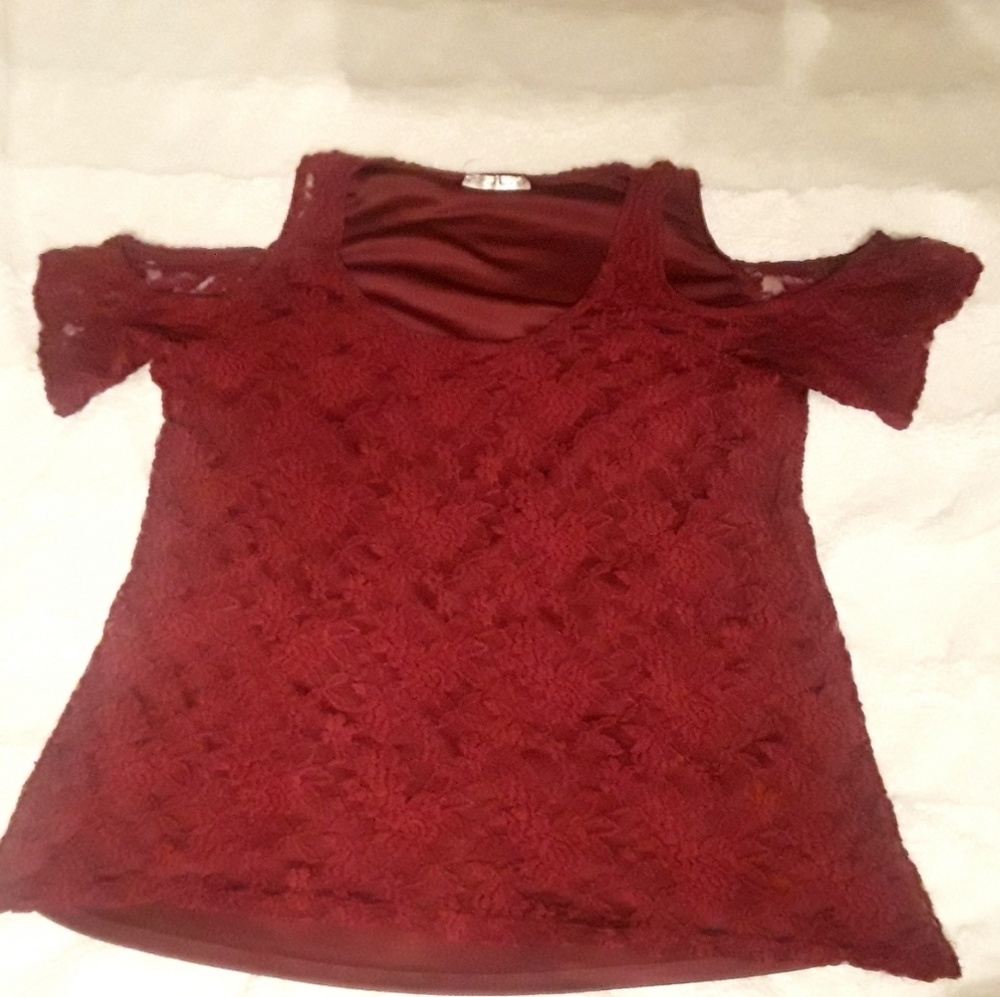 Burgundy / maroon cold shoulder lace blouse